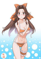 Rule 34 | 1girl, bikini, blue background, bow, breasts, bridal garter, brown eyes, brown hair, character name, cleavage, collarbone, commentary request, cowboy shot, embarrassed, gradient background, hair bow, hair intakes, half updo, highres, jintsuu (kancolle), kantai collection, long hair, looking at viewer, medium breasts, orange bikini, orange bow, solo, standing, swimsuit, t2r, tears, untied bikini, white background