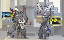 Rule 34 | 2boys, arknights, ascot, black gloves, black hair, black jacket, black pants, blue eyes, box, closed eyes, coat, commentary request, deformed, ebenholz (arknights), epaulettes, film grain, gloves, grey coat, grey hair, holding, holding box, horns, jacket, jiekuijiangshadaonijiamenkou, lessing (arknights), long hair, male focus, multiple boys, no mouth, no nose, pants, ponytail, short hair, sitting, white ascot