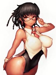 Rule 34 | 1girl, ass, bare shoulders, breasts, brown eyes, brown hair, dark skin, dark-skinned female, earrings, covered erect nipples, fumio (rsqkr), glasses, jewelry, large breasts, lips, long hair, looking at viewer, short hair, simple background, smile, solo, thighs, white background