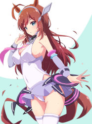 Rule 34 | 1girl, ahoge, animal ears, blue eyes, breasts, brown hair, cleavage, covered navel, highres, horse ears, horse girl, horse tail, large breasts, long hair, looking at viewer, mel (melty pot), mihono bourbon (umamusume), solo, sweat, tail, thighhighs, thighs, umamusume, white thighhighs