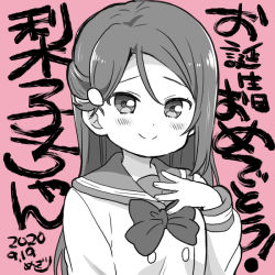 Rule 34 | 1girl, artist name, blush, bow, breasts, brown hair, collarbone, collared shirt, commentary request, female focus, greyscale, hair ornament, hairclip, hand on chest, hand on own chest, long hair, looking at viewer, love live!, love live! sunshine!!, mezashi (mezamashi set), monochrome, otonokizaka school uniform, parted lips, pink background, red bow, red hair, red neckwear, sakurauchi riko, school uniform, shirt, smile, solo, translated, translation request, white shirt, yellow eyes