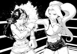 Rule 34 | 2girls, abs, alternate hairstyle, boxing gloves, boxing ring, clenched teeth, cropped legs, dc comics, face punch, facial mark, forehead mark, hair intakes, highres, in the face, monochrome, multiple girls, naruto (series), punching, rggr, short shorts, shorts, sports bra, teeth, tiara, toned, tsunade (naruto), twintails, wince, wonder woman