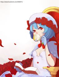 Rule 34 | 1girl, alternate costume, atg (wttoo0202), bad id, bad pixiv id, blue hair, book, breasts, brooch, capelet, cup, dress, drinking, flower, gloves, hat, hat flower, jewelry, petals, red eyes, red flower, red rose, remilia scarlet, rose, short hair, sitting, small breasts, solo, teacup, throne, touhou, watermark, web address, white dress
