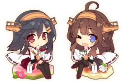 Rule 34 | 2girls, ahoge, black hair, blue eyes, boots, brown hair, chibi, detached sleeves, food, hair ornament, hairband, hairclip, haruna (kancolle), japanese clothes, kantai collection, kongou (kancolle), long hair, multiple girls, nontraditional miko, oversized food, oversized object, red eyes, ribbon-trimmed sleeves, ribbon trim, shirokitsune, skirt, thigh boots, thighhighs
