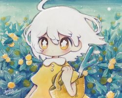 Rule 34 | 1girl, bag, blush, bright pupils, dated, dress, expressionless, highres, holding, holding bag, leaf, medium hair, no nose, original, plant, short sleeves, signature, solo, spring onion, white hair, white pupils, yellow dress, yellow eyes, zukky000