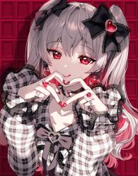 Rule 34 | 1girl, :q, black bow, bow, bowtie, closed mouth, earrings, grey hair, hair between eyes, hair bow, hands up, heart, heart hands, highres, jewelry, lace trim, long hair, long sleeves, looking at viewer, nail polish, nardack, original, plaid, plaid shirt, red background, red eyes, shirt, smile, solo, tongue, tongue out, twintails, upper body, white shirt