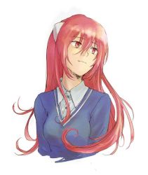 Rule 34 | 00s, 1girl, casual, elfen lied, hl (spk), horns, light smile, long hair, looking away, lucy (elfen lied), monster girl, red eyes, red hair, simple background, solo, uniform, upper body, white background