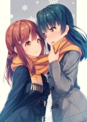 Rule 34 | 10s, 2girls, arms behind back, bad id, bad twitter id, blue hair, brown eyes, brown hair, coat, commentary request, eye contact, face-to-face, hair bun, hair ornament, hairpin, kunikida hanamaru, long hair, long sleeves, looking at another, love live!, love live! sunshine!!, multiple girls, open mouth, purple eyes, scarf, shared clothes, shared scarf, side bun, single side bun, siva (executor), smile, snowflakes, star (symbol), star hair ornament, tsushima yoshiko, upper body, winter clothes, yellow scarf, yuri