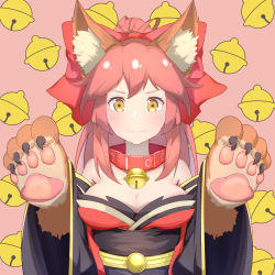 Rule 34 | &gt;:), 1girl, animal ear fluff, animal ears, animal hands, bad id, bad pixiv id, bare shoulders, bell, blush, bow, breasts, cat paws, cleavage, collar, fang, fang out, fate/grand order, fate (series), fox ears, gloves, hair bow, highres, japanese clothes, kimono, long hair, looking at viewer, medium breasts, neck bell, obi, off shoulder, paw gloves, pink hair, ponytail, red bow, red collar, red kimono, sash, smile, solo, tamamo (fate), tamamo cat (fate), tamamo cat (first ascension) (fate), tamamo no mae (fate/extra), upper body, wan ban, yellow eyes