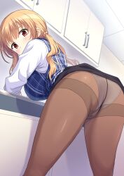 Rule 34 | 1girl, arm support, ass, bent over, black skirt, blonde hair, blue vest, blush, brown eyes, clothes lift, commentary, dress shirt, from behind, girlfriend (kari), hair tie, highres, indoors, leaning forward, long hair, long sleeves, looking at viewer, looking back, low twintails, miniskirt, office lady, panties, panties under pantyhose, pantyhose, perapera, sakaida natsumi, shirt, skirt, skirt lift, solo, standing, thighband pantyhose, twintails, underwear, vest, white shirt