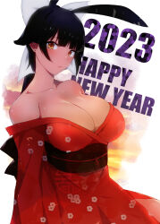 Rule 34 | 1girl, 2023, absurdres, alternate costume, azur lane, bare shoulders, black hair, black sash, bow, breasts, chiru (218mg), cleavage, floral print, from side, hair bow, happy new year, highres, huge breasts, japanese clothes, kimono, long hair, long sleeves, looking at viewer, new year, red kimono, sash, solo, takao (azur lane), white bow, wide sleeves, yellow eyes