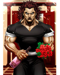 Rule 34 | 1boy, abs, alcohol, bouquet, champagne, flower, grappler baki, hanma yujiro, highres, looking at viewer, mature male, muscular, muscular arms, muscular male, pants, pectorals, red eyes, red hair, shirt, short hair, smile