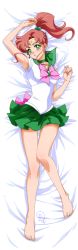 Rule 34 | 1girl, barefoot, bishoujo senshi sailor moon, choker, circlet, dakimakura (medium), drachea rannak, full body, green eyes, hair bobbles, hair ornament, high ponytail, kino makoto, light brown hair, miniskirt, open mouth, ribbon, sailor collar, sailor jupiter, sidelocks, skirt, solo, watermark