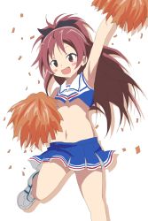 Rule 34 | 10s, 1girl, arm up, armpits, bad id, blush, bow, breasts, cheerleader, confetti, crop top, crop top overhang, fang, female focus, hair bow, highres, hoshino., jumping, mahou shoujo madoka magica, navel, open mouth, pom pom (cheerleading), ponytail, red eyes, red hair, sakura kyoko, simple background, skirt, underboob, white background