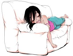 Rule 34 | 1girl, absurdres, black hair, camisole, collarbone, couch, drooling, closed eyes, highres, lying, nakahara kaihei, on stomach, open mouth, original, sleeping, solo, strap slip
