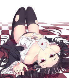 Rule 34 | 10s, 1girl, absurdres, black hair, black panties, bonnet, breasts, card, celestia ludenberg, checkered floor, cleavage, danganronpa: trigger happy havoc, danganronpa (series), drill hair, foxbird, gothic lolita, highres, lolita fashion, long hair, looking at viewer, lying, mouth hold, nail polish, navel, no bra, on back, panties, playing card, red eyes, small breasts, solo, thighhighs, torn clothes, torn thighhighs, twin drills, underwear, upside-down