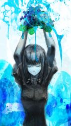 Rule 34 | 1girl, abstract, arms up, black dress, black hair, blue eyes, dress, flower, frown, highres, holding, looking away, looking down, original, pale skin, sad, sketch, solo, sorakuma (oycue41), upper body