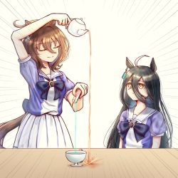 Rule 34 | 2girls, agnes tachyon (umamusume), ahoge, animal ears, arm up, bad id, bad twitter id, black hair, bow, bowtie, brown hair, closed eyes, commentary, cup, decantering, ear piercing, emphasis lines, hair between eyes, hair ornament, highres, holding, holding test tube, horse ears, horse girl, horse tail, long hair, manhattan cafe (umamusume), multiple girls, piercing, pouring, purple bow, purple bowtie, purple shirt, school uniform, shirt, short hair, suna sen, tail, teacup, teapot, test tube, tracen school uniform, umamusume, white background, wide-eyed, yellow eyes, you&#039;re doing it wrong