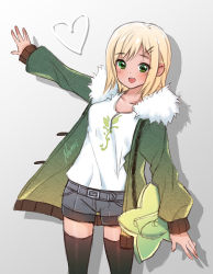 Rule 34 | 1girl, :d, arm up, bad id, bad pixiv id, bag, black hair, blonde hair, blush, collarbone, commentary, fur-trimmed jacket, fur trim, green eyes, green jacket, grey shorts, hair ornament, hairclip, heart, jacket, long sleeves, nami (nyaa), open mouth, original, shirt, short hair, short shorts, shorts, shoulder bag, sleeves past wrists, smile, solo, star (symbol), teeth, thighhighs, upper teeth only, white shirt