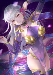 Rule 34 | 1girl, absurdres, armlet, armor, bikini armor, blush, bracelet, breasts, closed mouth, collar, cst, detached sleeves, dress, earrings, fate/grand order, fate (series), floral print, flower, hair ribbon, highres, jewelry, kama (fate), kama (second ascension) (fate), large breasts, lily pad, long hair, looking at viewer, lotus, metal collar, pelvic curtain, pink ribbon, purple dress, purple sleeves, purple thighhighs, red eyes, ribbon, ring, silver hair, smile, thighhighs, thighlet, thighs, wading, water