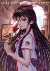 Rule 34 | 1girl, akira ferrari, aria (manga), blurry, bow, bowtie, brown eyes, brown hair, character name, commentary request, depth of field, dress, earrings, flower, hair between eyes, hands up, happy birthday, highres, himeya company uniform, holding, holding flower, jewelry, long hair, looking at viewer, own hands together, red bow, red bowtie, red headwear, rose, sailor collar, short sleeves, sidelocks, signature, solo, telaform, two-tone headwear, upper body, very long hair, white dress, white headwear