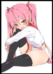 Rule 34 | 1girl, black border, black thighhighs, blouse, blush, border, bow, bow panties, caburi, commentary, frown, hair ornament, hidan no aria, highres, hugging own legs, kanzaki h. aria, knee up, long hair, long sleeves, looking at viewer, no pants, open mouth, panties, pink hair, red eyes, red sailor collar, sailor collar, school uniform, serafuku, shirt, simple background, sitting, solo, thighhighs, twintails, underwear, very long hair, white background, white panties, white shirt