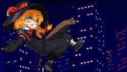 1girl apron black_capelet black_footwear black_gloves black_hat black_skirt black_vest blonde_hair blue_background blue_eyes bow bowtie braid bright_pupils brown_apron building capelet city city_lights commentary_request cookie_(touhou) elbow_gloves floating full_body gloves hat hat_bow highres kirisame_marisa leftame looking_at_viewer meguru_(cookie) open_mouth pixel_art reaching reaching_towards_viewer red_bow red_bowtie shoes side_braid single_braid skirt skirt_set skyscraper socks solo thick_eyebrows touhou vest waist_apron white_pupils white_socks witch_hat