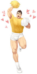 Rule 34 | 1boy, :d, arm up, bara, brown hair, bulge, cheering, cheerleader, full body, heart, highres, large pectorals, looking at viewer, male focus, muscular, muscular male, open mouth, original, pectorals, shirt, short hair, short sleeves, shorts, smile, solo, spiked hair, thick thighs, thighs, white background, white shorts, winemvee, yellow shirt