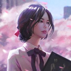 Rule 34 | 1girl, artist name, blouse, blue sky, blurry, book, building, cherry blossoms, city, collared shirt, day, depth of field, guweiz, holding, holding book, light smile, looking afar, original, outdoors, parted lips, petals, pink lips, plant, realistic, shirt, sky, solo, spring (season), tree, upper body, white shirt, wing collar
