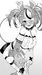 Rule 34 | 1girl, aftersex, animal ears, asymmetrical legwear, black collar, blush, breasts, collar, crop top, cum, cumdrip, detached sleeves, facial, gloves, greyscale, hakos baelz, hakos baelz (1st costume), hands on own knees, hololive, hololive english, layered sleeves, leaning forward, long sleeves, looking at viewer, medium breasts, miniskirt, monochrome, mouse ears, mouse girl, mouse tail, mp150 plus, multicolored clothes, multicolored hair, multicolored skirt, open mouth, paid reward available, penis, penis on head, pleated skirt, sharp teeth, shirt, short over long sleeves, short sleeves, single glove, skirt, solo, spiked collar, spikes, strapless, strapless shirt, streaked hair, sweat, tail, teeth, tube top, uneven legwear, upper teeth only, very sweaty, virtual youtuber, wet, wet clothes