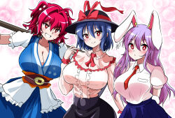 Rule 34 | 3girls, animal ears, black headwear, black skirt, blue dress, blush, bow, breasts, capelet, center frills, cleavage, closed mouth, coin, collared shirt, commentary request, dress, frills, hair bobbles, hair ornament, hat, hat bow, highres, large breasts, long hair, multiple girls, nagae iku, necktie, obi, ochisoyaaa (speedylateness), onozuka komachi, outline, parted lips, pink background, purple hair, rabbit ears, rabbit girl, red bow, red eyes, red hair, red necktie, reisen udongein inaba, sash, shirt, short hair, signature, skirt, smile, touhou, translation request, two side up, white capelet, white outline, white shirt