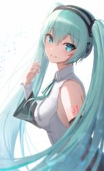 Rule 34 | 1girl, aqua eyes, aqua hair, aqua ribbon, bare shoulders, black sleeves, blouse, commentary, detached sleeves, from side, grin, hair ornament, hand up, hatsune miku, hatsune miku (nt), headphones, hiroserii, layered sleeves, long hair, looking at viewer, looking to the side, neck ribbon, piapro, ribbon, see-through, see-through sleeves, shirt, shoulder tattoo, sidelighting, sleeveless, sleeveless shirt, smile, solo, tattoo, twintails, upper body, very long hair, vocaloid, white background, white shirt, white sleeves