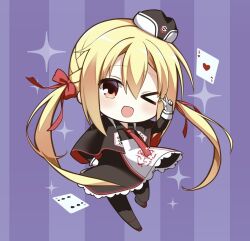 Rule 34 | &gt; o, 1girl, :d, ace (playing card), ace of hearts, arihara nanami, black capelet, black dress, black hat, black pantyhose, blonde hair, blush, bow, capelet, card, chibi, chibi only, commentary, dress, four of clubs, frilled dress, frills, garrison cap, gloves, hair between eyes, hair bow, hair ribbon, hand on own hip, hand up, happy, hat, heart, long hair, looking at viewer, low twintails, maple 0126, necktie, one eye closed, open mouth, pantyhose, playing card, purple background, red bow, red necktie, red ribbon, ribbon, riddle joker, simple background, smile, solo, sparkle, standing, standing on one leg, twintails, v, very long hair, white gloves