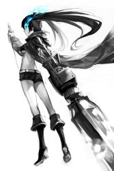 Rule 34 | 1girl, black rock shooter, black rock shooter (character), blue eyes, boots, breasts, coat, commentary request, floating hair, glowing, glowing eyes, greyscale, high heel boots, high heels, holding, holding sword, holding weapon, huge weapon, hungry clicker, knee boots, long hair, monochrome, open clothes, open coat, reverse grip, short shorts, shorts, simple background, solo, spot color, sword, twintails, underboob, weapon, white background