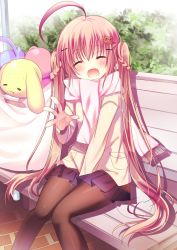 Rule 34 | 1girl, ^ ^, ahoge, bear hair ornament, bench, coat, closed eyes, hair ornament, long hair, looking at viewer, open mouth, original, pantyhose, park bench, pleated skirt, scarf, school uniform, shiromochi sakura, sitting, skirt, smile, solo, stuffed animal, stuffed toy, twintails, very long hair