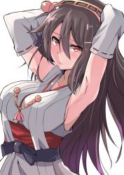 Rule 34 | 10s, 1girl, armpits, arms behind head, arms up, bare shoulders, blush, breasts, detached sleeves, grey hair, hair ornament, hairband, hairclip, haruna (kancolle), headgear, kantai collection, kuromu (underporno), large breasts, long hair, looking at viewer, nontraditional miko, red eyes, sideboob, simple background, solo, upper body, white background