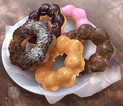 artist_logo chocolate_doughnut commentary_request doughnut food food_focus food_wrapper french_cruller from_above logo no_humans ooranokohaku original plate sprinkles still_life table wooden_table