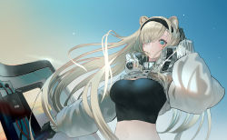 Rule 34 | 1girl, absurdres, animal ears, arknights, aurora (arknights), aurora (elite ii) (arknights), bear ears, black gloves, black hairband, blonde hair, blue eyes, blue sky, breasts, cleavage, closed mouth, crop top, day, eyes visible through hair, gloves, gradient sky, hair ornament, hair over one eye, hairband, hairclip, hand in own hair, hand up, highres, holding, holding shield, large breasts, long hair, long sleeves, looking at viewer, navel, outdoors, puffy long sleeves, puffy sleeves, shield, shrug (clothing), sky, smile, upper body, very long hair, zinz