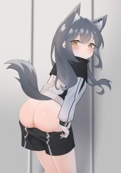 Rule 34 | 1girl, aged down, animal ear fluff, animal ear piercing, animal ears, arknights, ass, black hair, black jacket, black shorts, blush, clothes pull, cowboy shot, extra ears, from behind, highres, jacket, long hair, long sleeves, looking at viewer, looking back, mooning, multicolored clothes, multicolored jacket, pussy, pussy peek, shorts, shorts pull, solo, tail, texas (arknights), two-tone jacket, white jacket, wl217 (nicexa111), wolf ears, wolf girl, wolf tail, yellow eyes