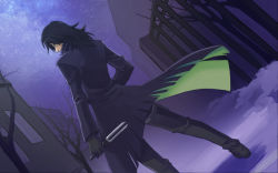 Rule 34 | 1boy, bad id, bad pixiv id, black hair, coat, darker than black, dutch angle, from behind, gloves, hei (darker than black), knife, long hair, looking back, male focus, night, night sky, profile, sky, solo, standing, thigh strap, tree, trench coat, weapon, yuzukarin
