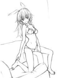 Rule 34 | 1girl, animal ears, bare legs, barefoot, bra, breasts, charlotte e. yeager, cleavage, couch, derivative work, graphite (medium), greyscale, highres, kokutou-kuiuti, lingerie, long hair, looking at viewer, mixed media, monochrome, navel, panties, rabbit ears, rabbit girl, seductive smile, sketch, small breasts, smile, solo, straddling, strike witches, traditional media, underwear, underwear only, world witches series