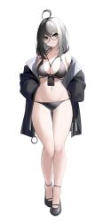 Rule 34 | 1girl, ahoge, bare legs, bare shoulders, between breasts, bikini, black-framed eyewear, black bikini, black eyes, black footwear, black hair, black jacket, breasts, bright pupils, cleavage, closed mouth, full body, glasses, gluteal fold, groin, halterneck, hands in pockets, highres, id card, jacket, large breasts, long hair, long sleeves, looking at viewer, multicolored hair, navel, nine (kanine41), o-ring, o-ring bikini, off shoulder, open clothes, open jacket, original, puffy sleeves, round eyewear, shoes, simple background, skindentation, smile, solo, split-color hair, standing, stomach, string bikini, swimsuit, thigh gap, thighs, two-tone hair, white background, white hair