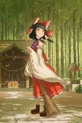 Rule 34 | 1girl, architecture, ascot, black hair, blue ascot, blunt bangs, blush, boots, bow, box, broom, brown footwear, dappled sunlight, day, detached sleeves, donation box, east asian architecture, expressionless, fjsmu, forest, full body, hair blowing, hair bow, hair tubes, hakurei reimu, hakurei shrine, highres, holding, holding broom, light blush, looking back, looking to the side, nature, outdoors, petals, petticoat, red eyes, red skirt, red vest, ribbon-trimmed sleeves, ribbon trim, rope, shide, shimenawa, short hair, sidelocks, skirt, solo, stairs, standing, stone stairs, stone walkway, sunlight, touhou, vest, well, wide sleeves, wind, wind lift
