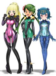 Rule 34 | 3girls, absurdres, bad id, bad pixiv id, blonde hair, blue eyes, blue hair, blush, bodysuit, covered navel, creatures (company), crossover, dark-skinned female, dark skin, evangelion: 2.0 you can (not) advance, flower, fortified suit, g gundam, game freak, green eyes, green hair, gundam, hair flower, hair ornament, hairband, hand on own hip, high heels, highres, lana (pokemon), lillie (pokemon), long hair, mallow (pokemon), mobile trace suit, multiple girls, muv-luv, neon genesis evangelion, nintendo, open mouth, plugsuit, pokemon, pokemon (anime), pokemon sm (anime), ponytail, rebuild of evangelion, short hair, shoukin500, simple background, smile, test plugsuit, trial captain, twintails, white background