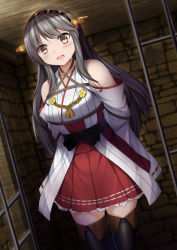 Rule 34 | 1girl, arms behind back, bare shoulders, bdsm, black hair, bondage, boots, bound, bound arms, breast bondage, brown eyes, commission, detached sleeves, dungeon, frilled skirt, frills, hair ornament, hairband, hairclip, haruna (kancolle), headgear, highres, indoors, japanese clothes, kantai collection, long hair, nontraditional miko, red skirt, ribbon-trimmed sleeves, ribbon trim, sheita, shibari, shibari over clothes, skirt, solo, thigh boots, thighhighs