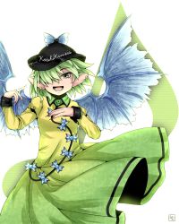 Rule 34 | 1girl, armband, breasts, character name, color switch, dress, earrings, eyelashes, feathered wings, fingernails, gradient dress, green dress, green eyes, green hair, hair over one eye, hands up, hat, highres, hiyashi mikan, jewelry, komeiji koishi, long sleeves, matching hair/eyes, mystia lorelei, open mouth, pointy ears, sharp fingernails, short hair, signature, small breasts, solo, teeth, tongue, touhou, white background, wings, yellow dress