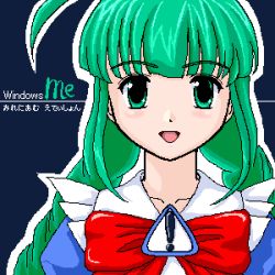 Rule 34 | 1girl, :d, blue dress, blush, bow, bowtie, braid, collarbone, dress, green eyes, green hair, lowres, matching hair/eyes, me-tan, microsoft windows, open mouth, os-tan, portrait, red bow, sidelocks, sign, simple background, smile, solo, twin braids, upper body, warning sign