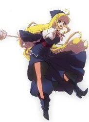 Rule 34 | 1girl, arms behind back, blonde hair, blue dress, blue eyes, blue footwear, blue skirt, broom, capelet, dress, full body, hachimitusplinter, hat, long hair, puyopuyo, red ribbon, ribbon, skirt, smile, solo, very long hair, white background, wide sleeves, witch, witch (puyopuyo), witch hat