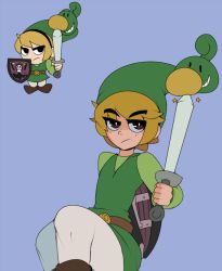 Rule 34 | 1girl, :/, belt, belt buckle, billy, blonde hair, blue background, brown eyes, brown footwear, buckle, captain kirb, carrying, commentary, cosplay, ezlo, green hat, green shirt, grim (grim adventures), hat, holding, holding shield, holding weapon, left-handed, link, link (cosplay), long sleeves, looking at another, looking up, mandy (billy &amp; mandy), mandy (grim adventures), nintendo, pantyhose, poking, scythe, shield, shield on back, shirt, short hair, simple background, sitting, smile, star (symbol), sword, teeth, the grim adventures of billy &amp; mandy, the legend of zelda, the legend of zelda: the minish cap, tunic, weapon