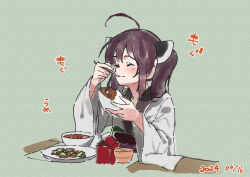 Rule 34 | 1girl, ahoge, blush, bowl, brown hair, closed eyes, closed mouth, curry, curry rice, dated, eating, facing viewer, food, food request, green background, headgear, holding, holding bowl, holding utensil, japanese clothes, kimono, lamb (hitsujiniku), long sleeves, obi, plate, rice, sash, smile, solo, table, touhoku kiritan, translation request, twintails, upper body, utensil in mouth, voiceroid, white kimono, wide sleeves